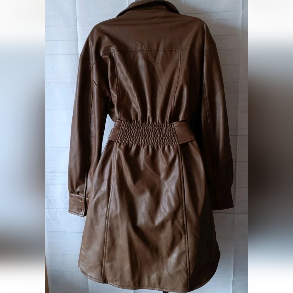 7 For All Mankind Brown Faux Leather Long Sleeve Shirt Dress with Belt - Picture 2 of 6